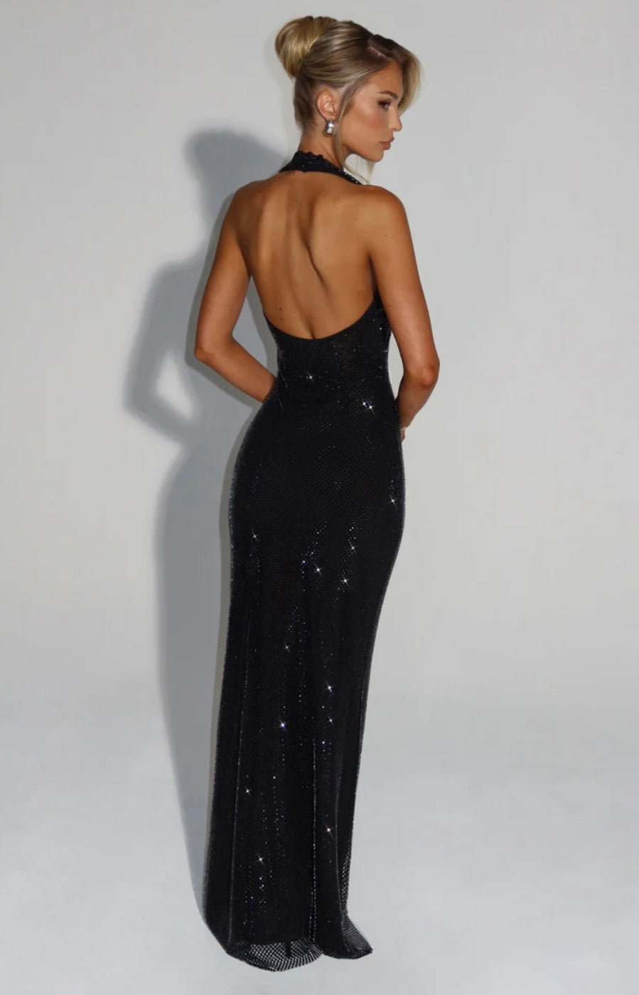 Cassidy | Women's Plunging Backless Crystal Mesh Halter Maxi Dress