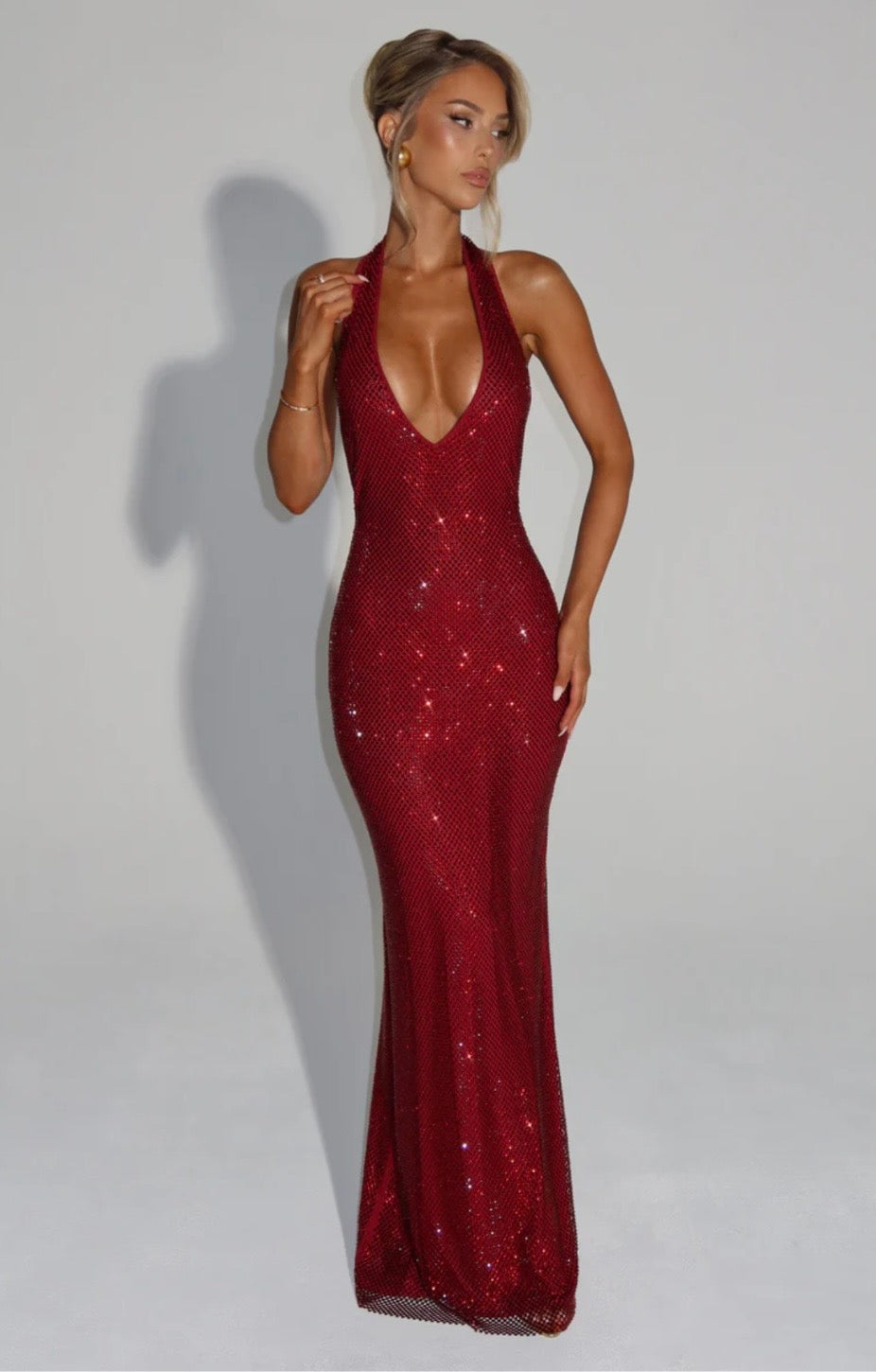 Cassidy | Women's Plunging Backless Crystal Mesh Halter Maxi Dress