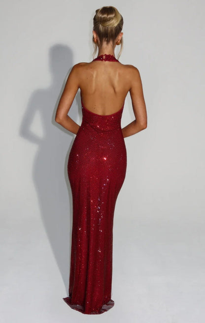 Cassidy | Women's Plunging Backless Crystal Mesh Halter Maxi Dress