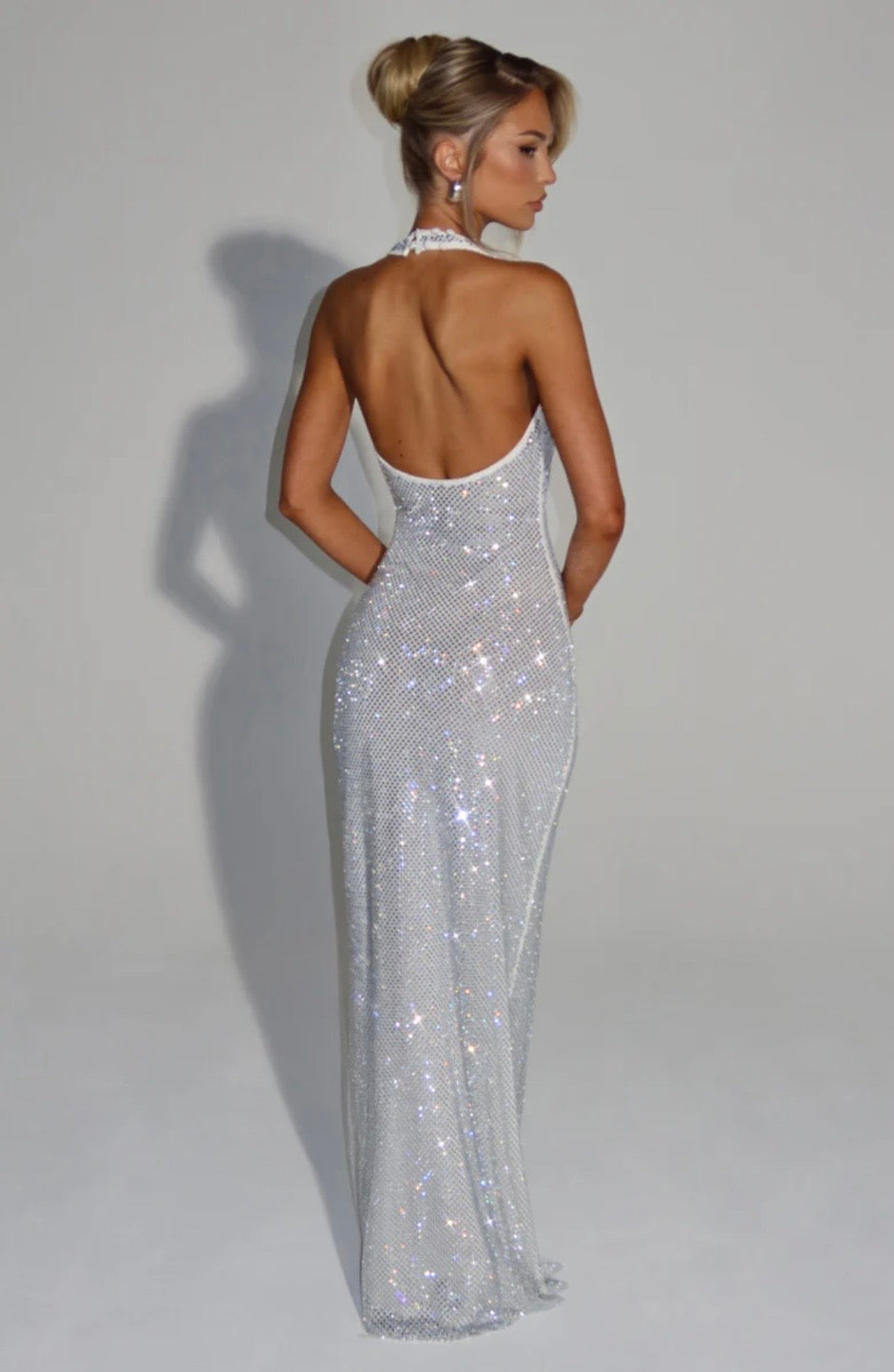 Cassidy | Women's Plunging Backless Crystal Mesh Halter Maxi Dress
