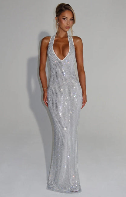 Cassidy | Women's Plunging Backless Crystal Mesh Halter Maxi Dress