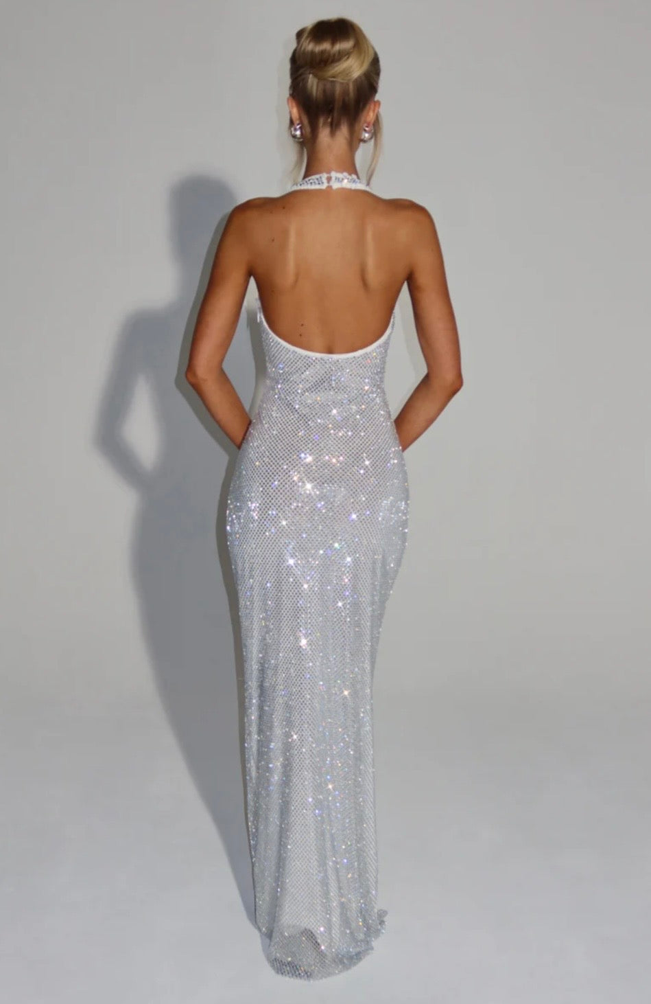 Cassidy | Women's Plunging Backless Crystal Mesh Halter Maxi Dress