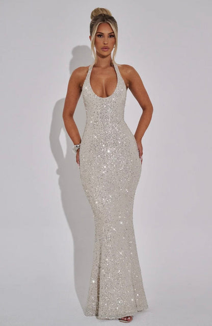 Estara | Women's Embellished Halter Fishtail Maxi Gown