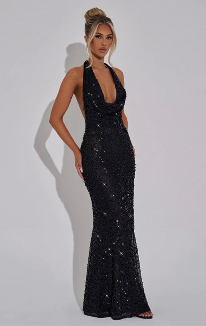 Stellara | Women's Embellished Sequin Halter Maxi Gown