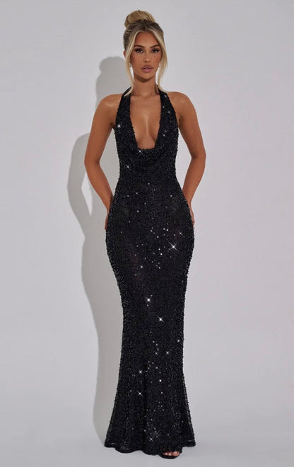 Stellara | Women's Embellished Sequin Halter Maxi Gown