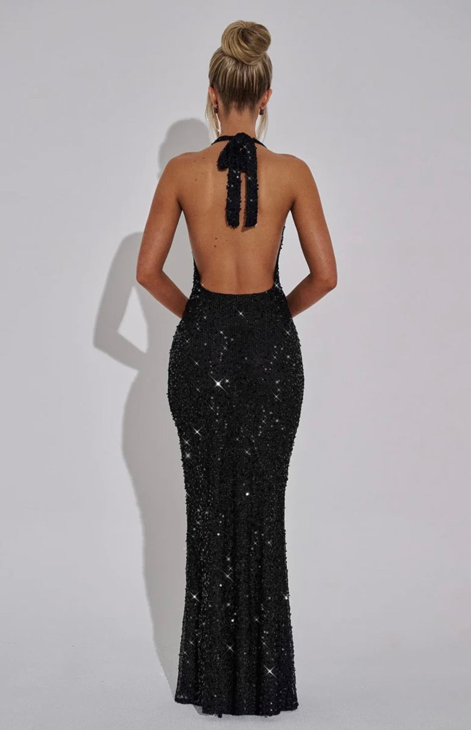 Stellara | Women's Embellished Sequin Halter Maxi Gown