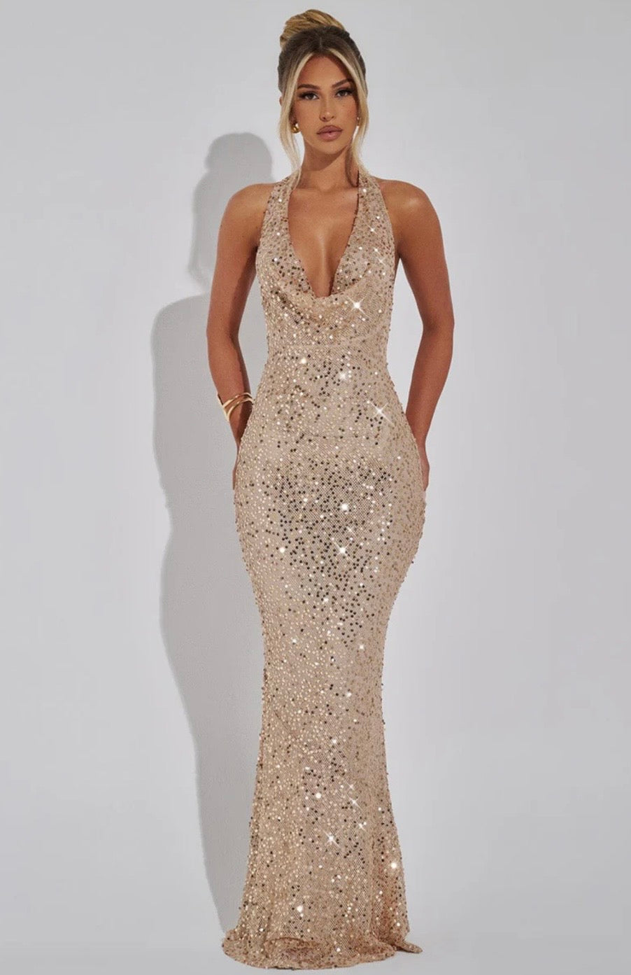 Stellara | Women's Embellished Sequin Halter Maxi Gown