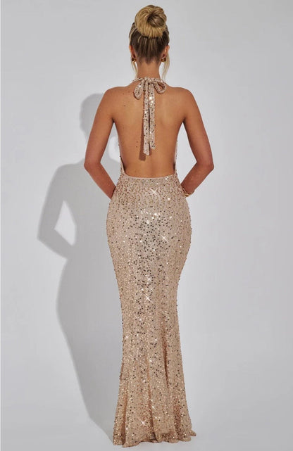 Stellara | Women's Embellished Sequin Halter Maxi Gown