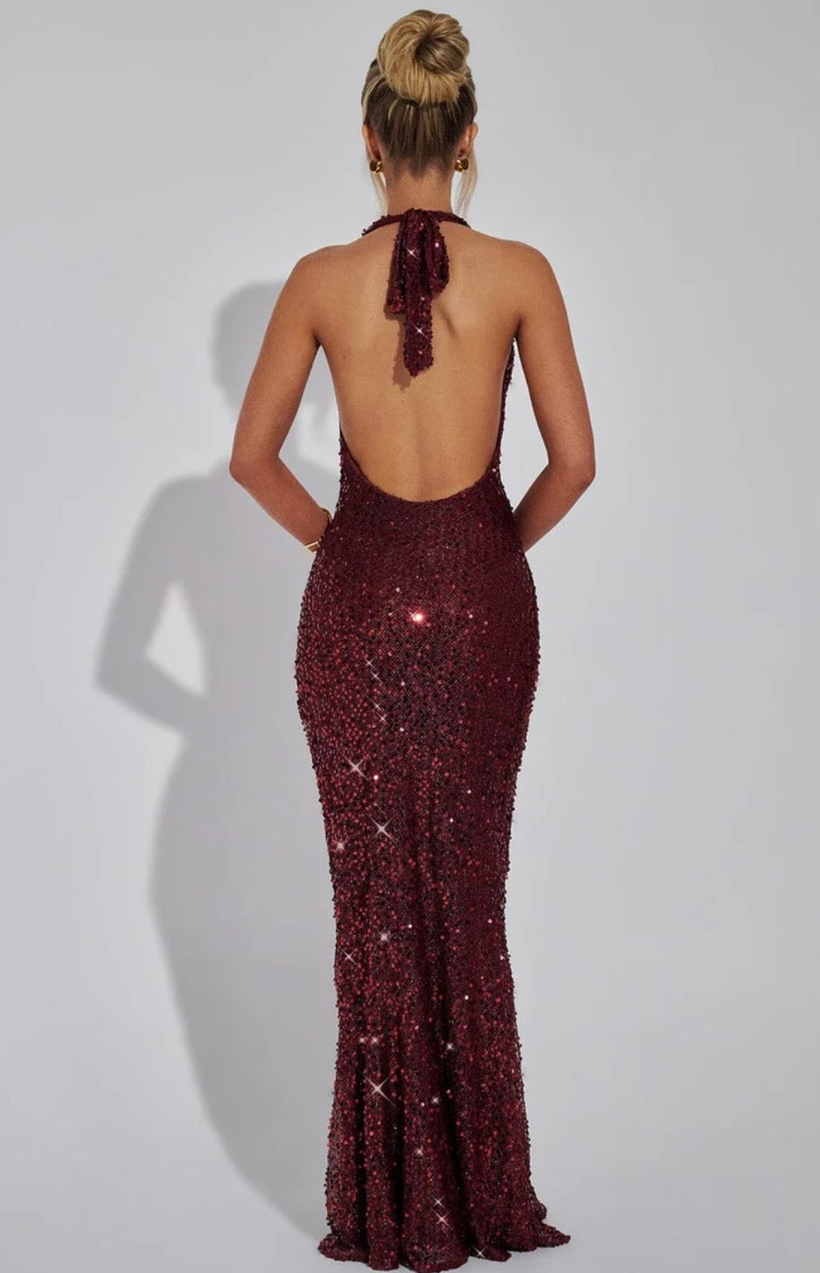 Stellara | Women's Embellished Sequin Halter Maxi Gown