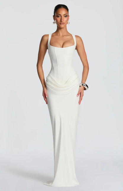 Nina | Women's Sculpted Crepe Cowl-Overlay Pleated Maxi Gown