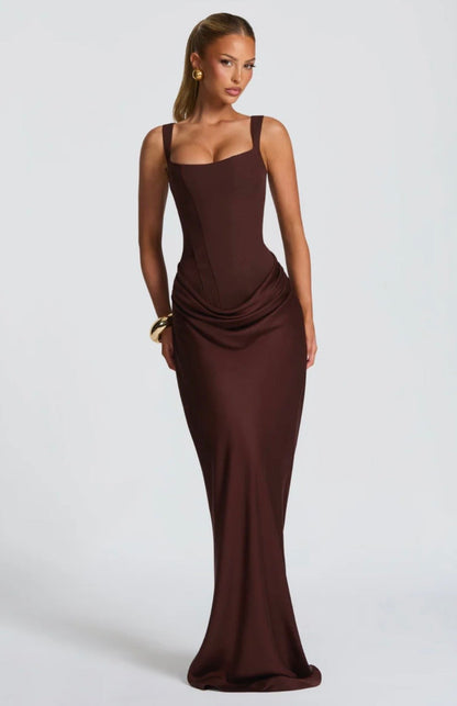 Nina | Women's Sculpted Crepe Cowl-Overlay Pleated Maxi Gown