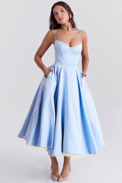 Daisy | Women's Structured Corset Satin Midi Dress