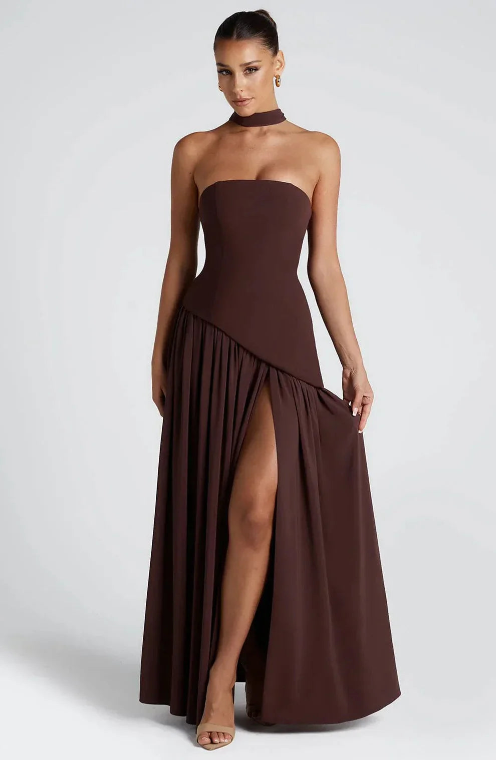 Donna | Women's Sculpted Asymmetrical Strapless Maxi Dress With Scarf