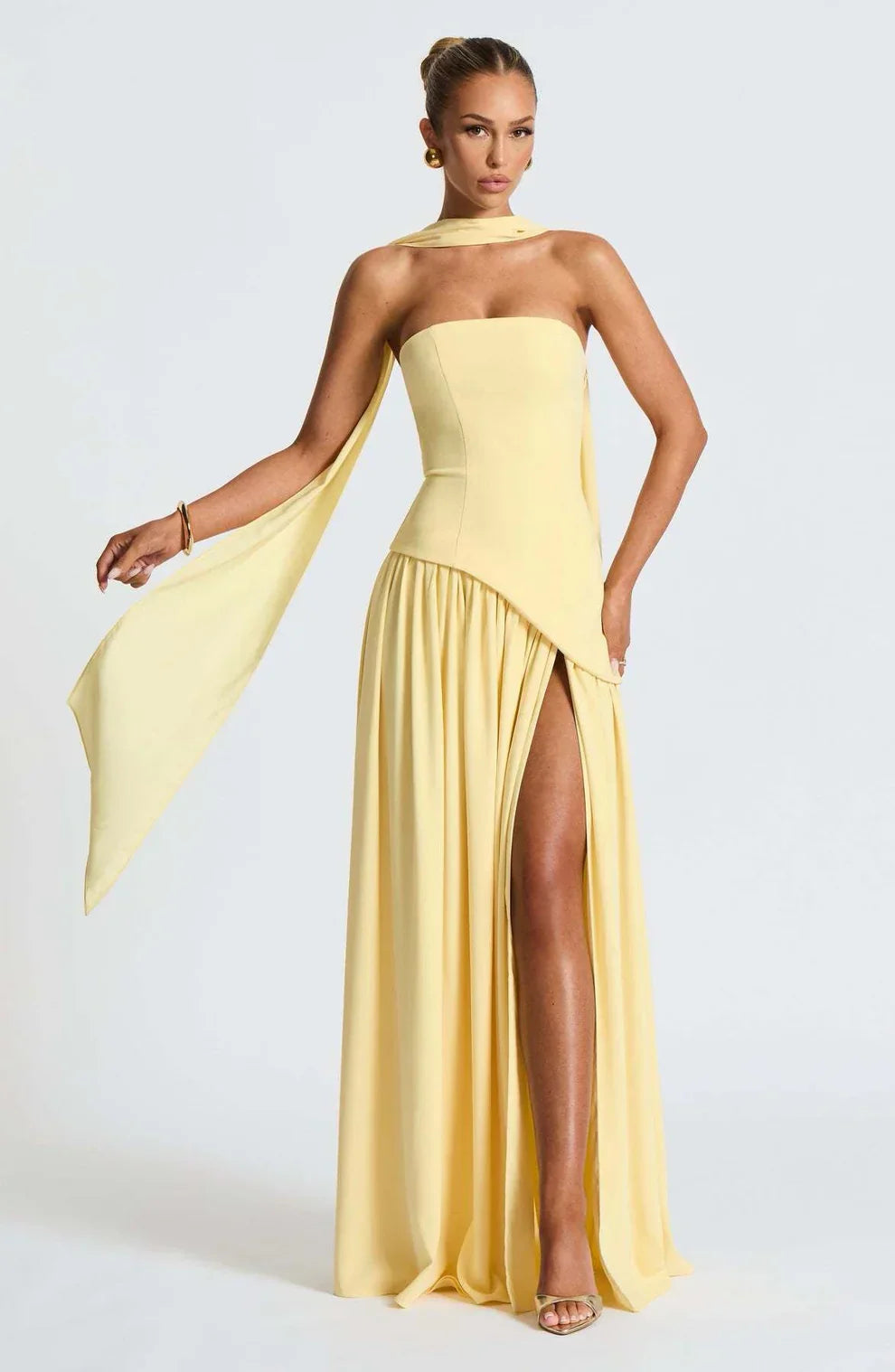 Donna | Women's Sculpted Asymmetrical Strapless Maxi Dress With Scarf