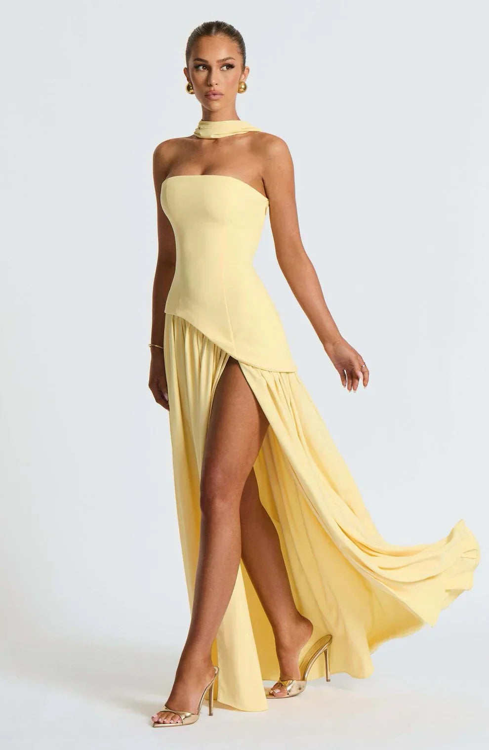 Donna | Women's Sculpted Asymmetrical Strapless Maxi Dress With Scarf