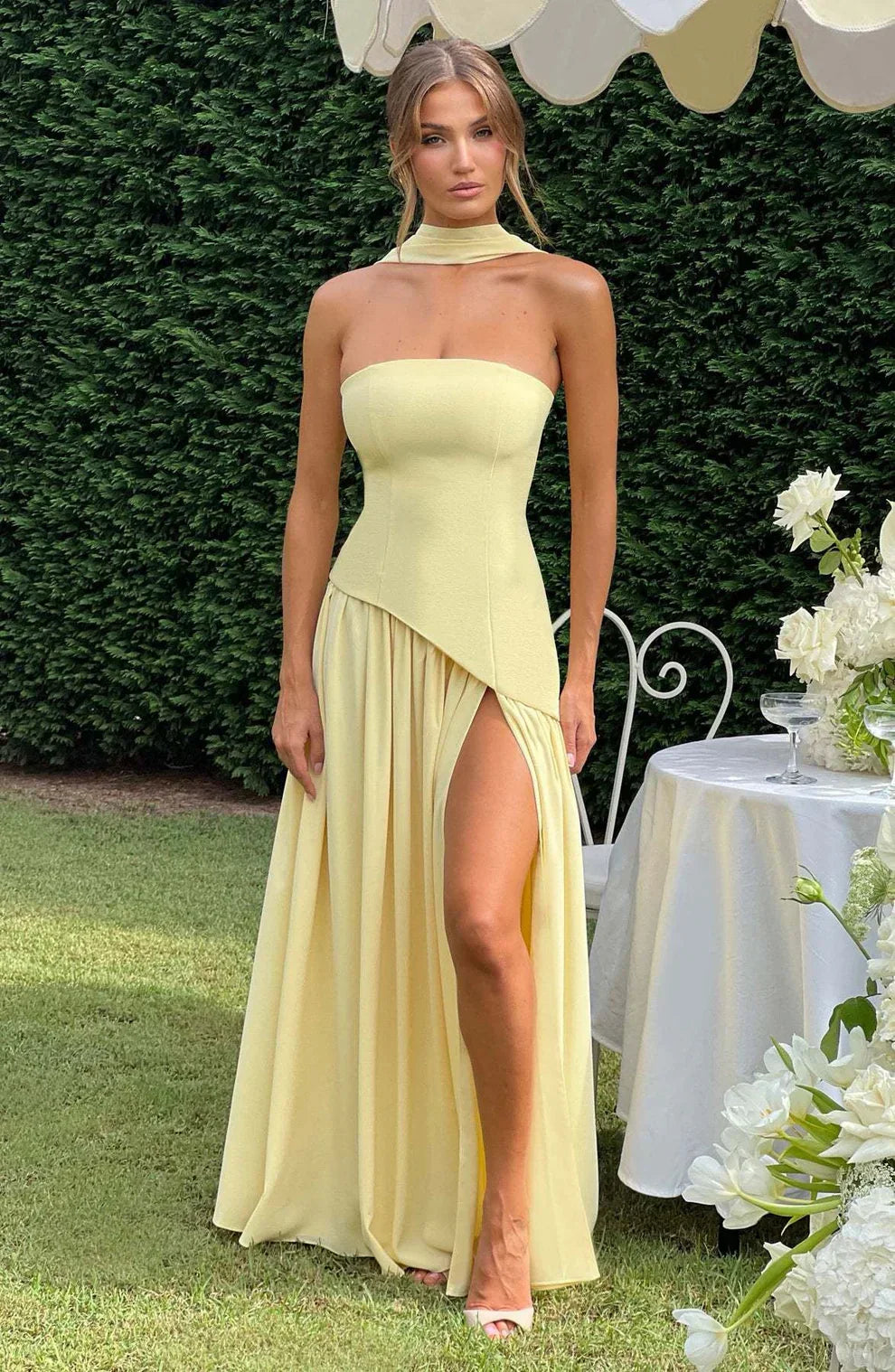 Donna | Women's Sculpted Asymmetrical Strapless Maxi Dress With Scarf