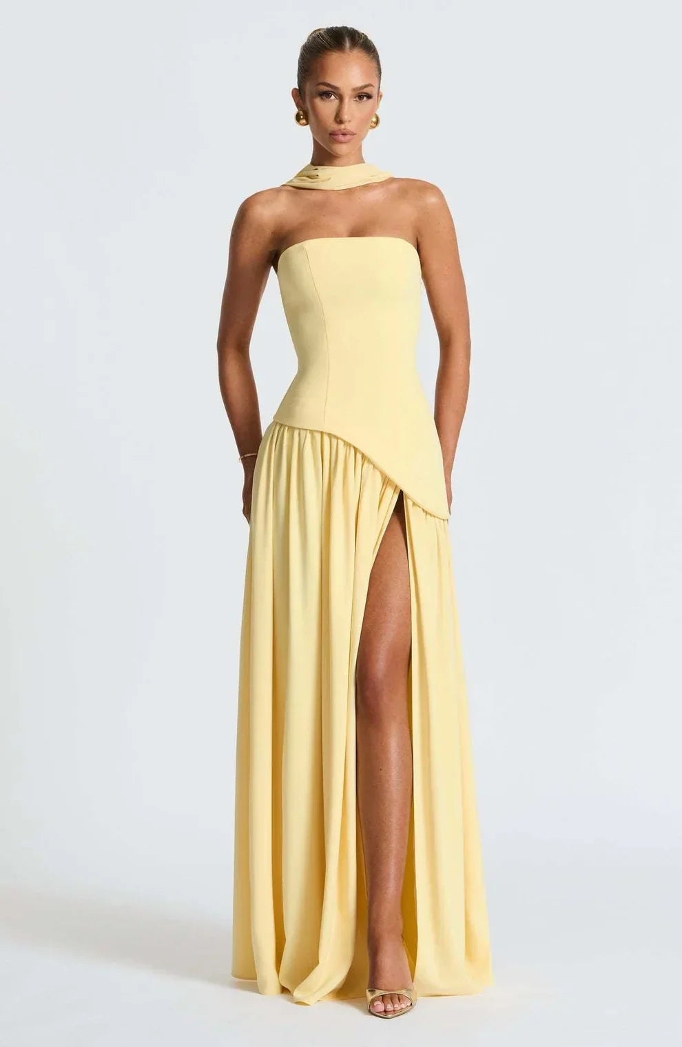 Donna | Women's Sculpted Asymmetrical Strapless Maxi Dress With Scarf