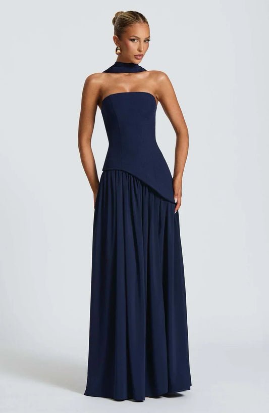 Donna | Women's Sculpted Asymmetrical Strapless Maxi Dress With Scarf