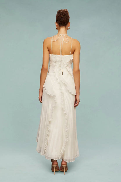 Elisia | Women's Pleated Chiffon Asymmetrical Halter Maxi Dress