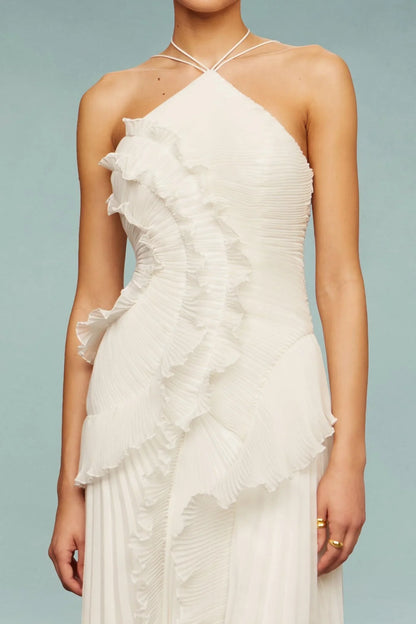 Elisia | Women's Pleated Chiffon Asymmetrical Halter Maxi Dress
