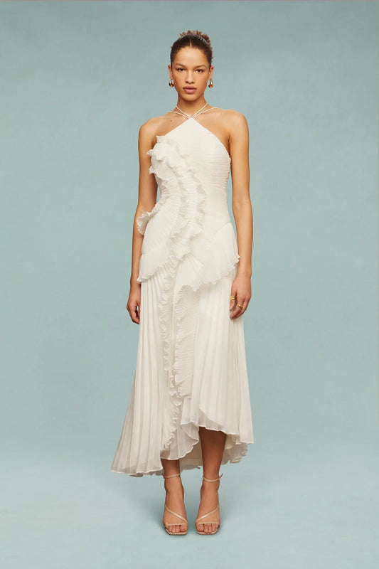 Elisia | Women's Pleated Chiffon Asymmetrical Halter Maxi Dress