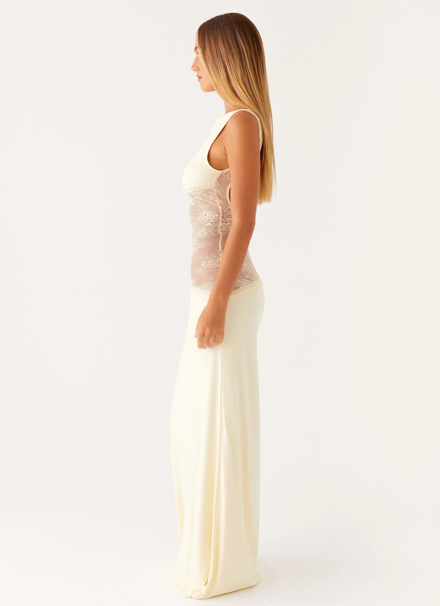 Lucinda | Women's Open-Back Lace-Panel Maxi Dress