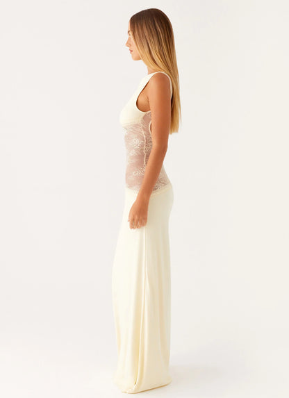 Lucinda | Women's Open-Back Lace-Panel Maxi Dress