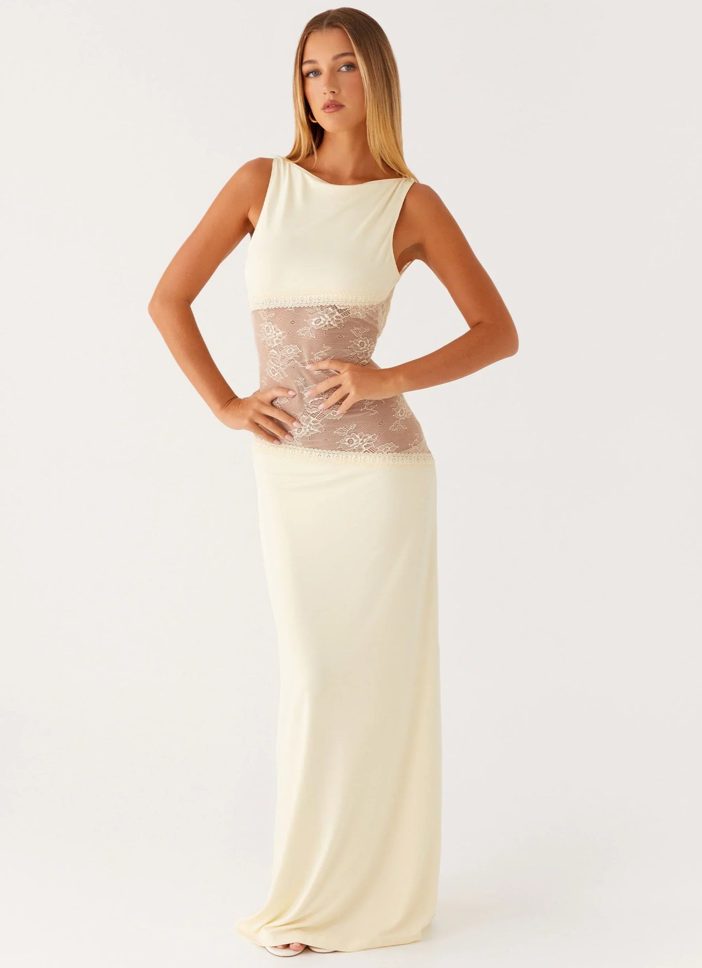 Lucinda | Women's Open-Back Lace-Panel Maxi Dress