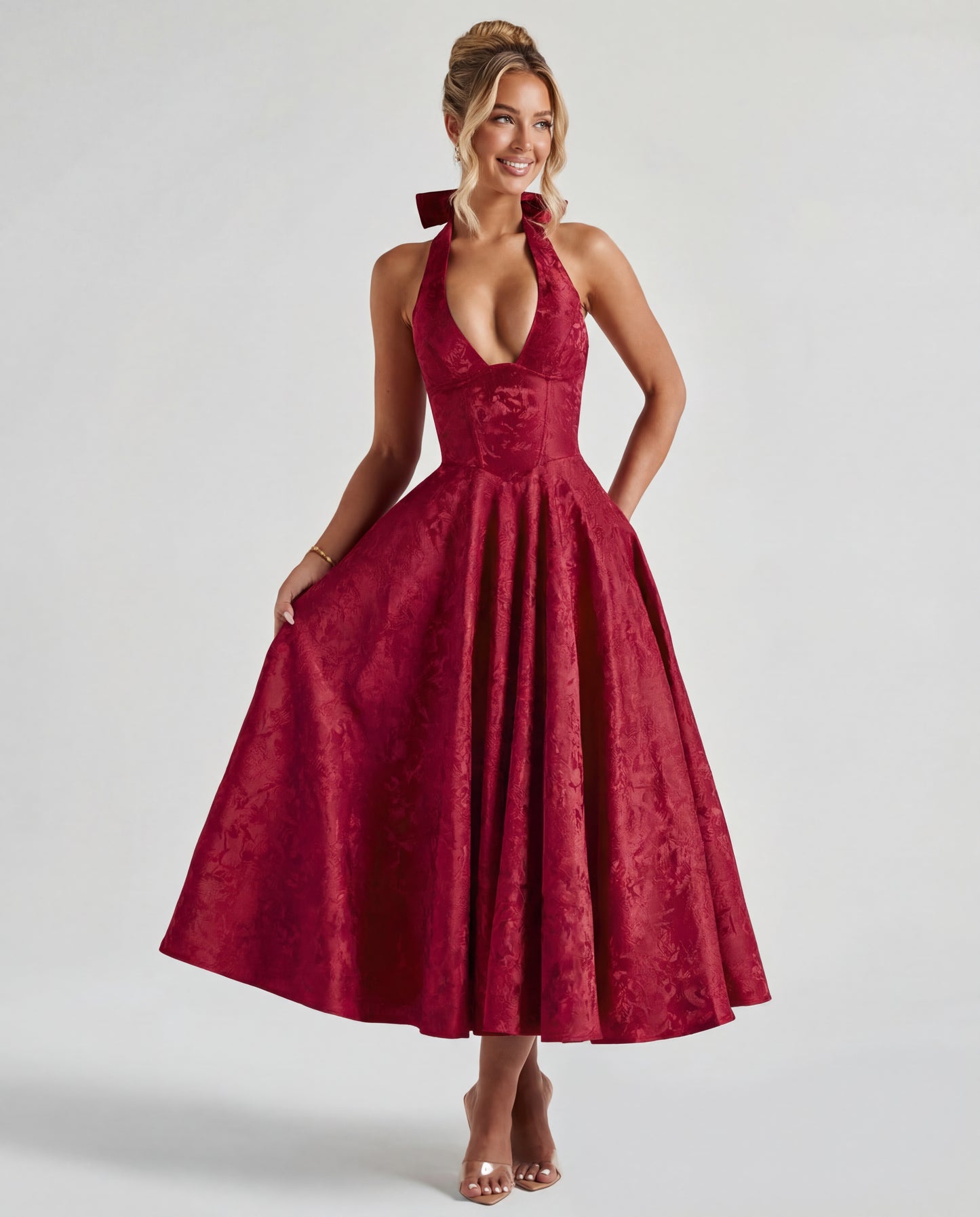Evelyn | Women's Halterneck Jacquard Midi Dress