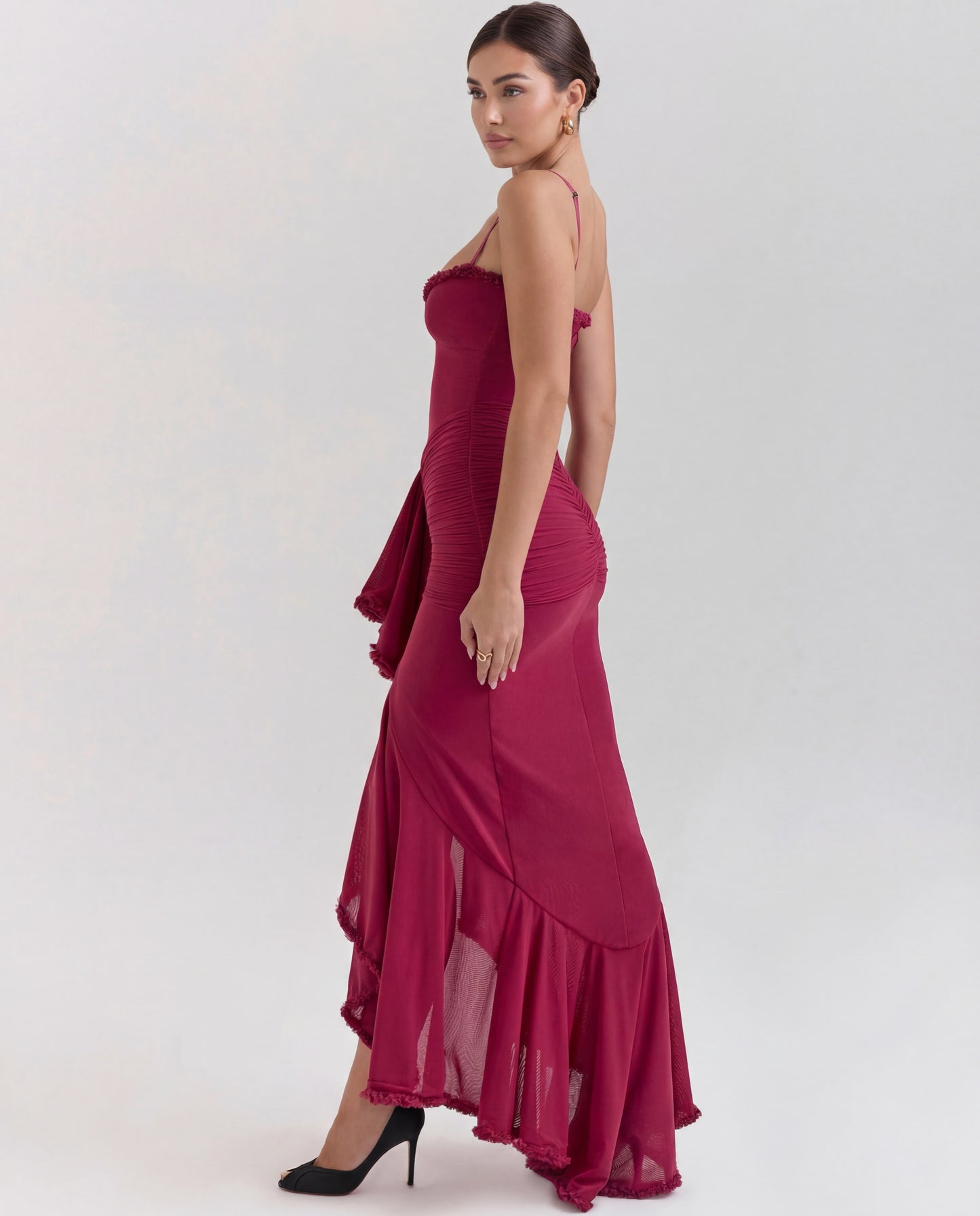 Mona | Women's Sweetheart Ruched Cascading Ruffle Maxi Dress