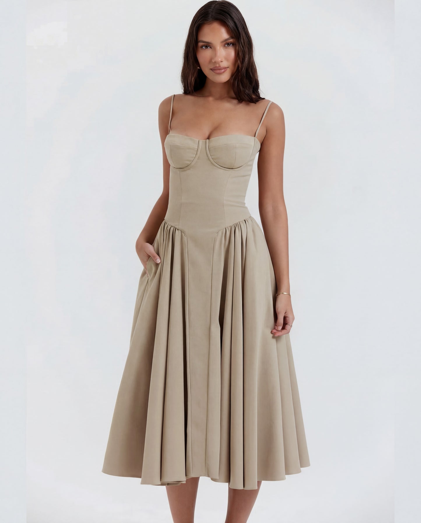 Amaria | Women's Underwired Sweetheart Structured Twill Corset Midi Dress
