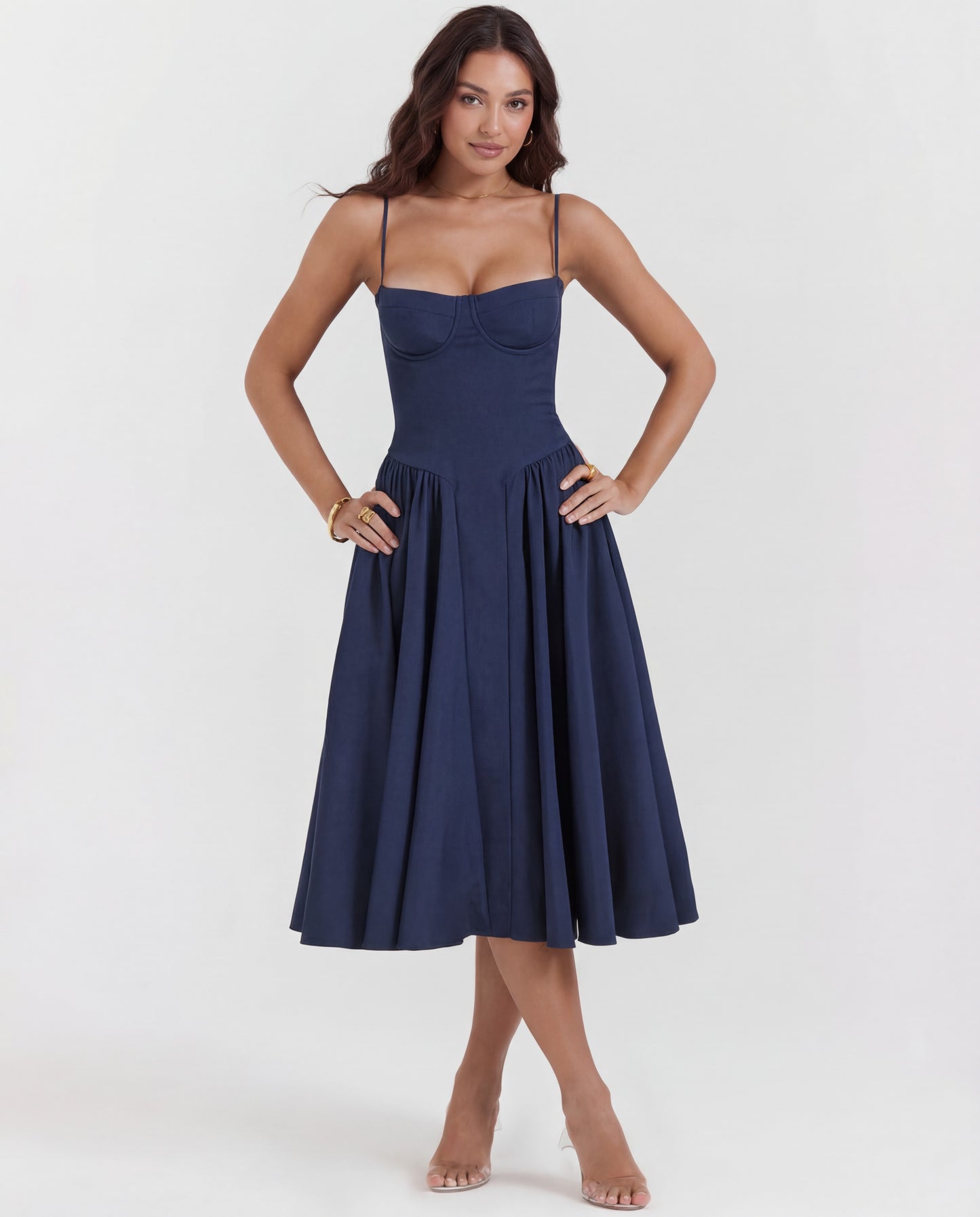Amaria | Women's Underwired Sweetheart Structured Twill Corset Midi Dress