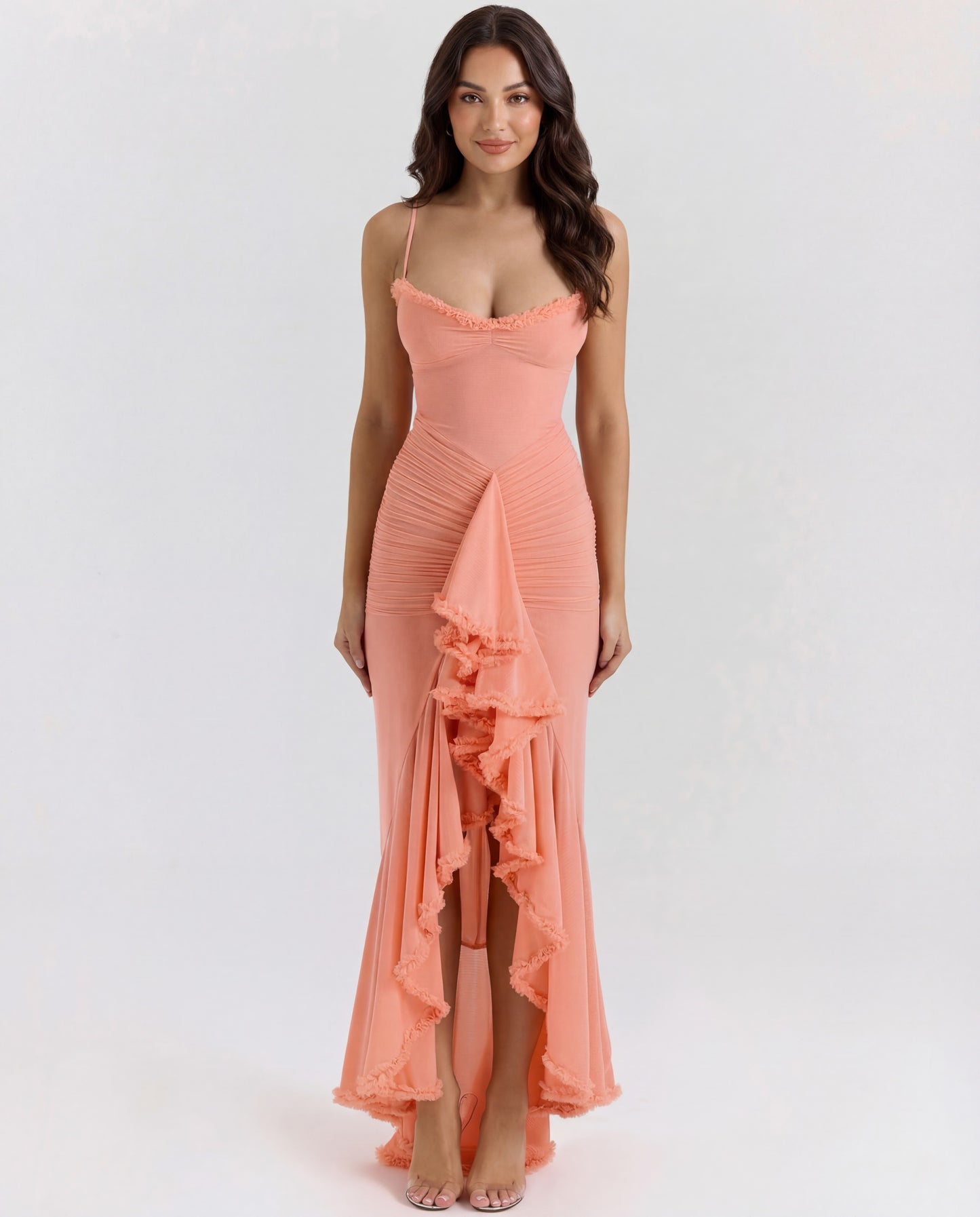 Mona | Women's Sweetheart Ruched Cascading Ruffle Maxi Dress