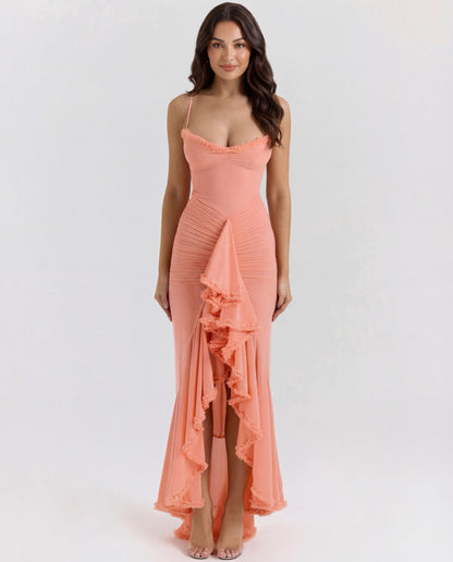 Mona | Women's Sweetheart Ruched Cascading Ruffle Maxi Dress