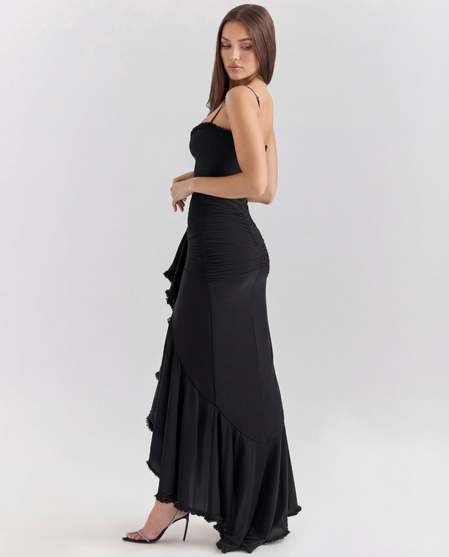 Mona | Women's Sweetheart Ruched Cascading Ruffle Maxi Dress