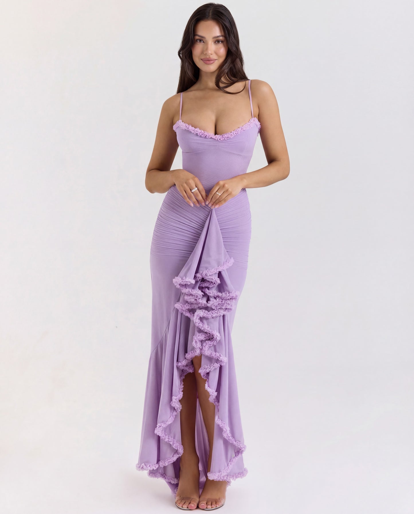 Mona | Women's Sweetheart Ruched Cascading Ruffle Maxi Dress