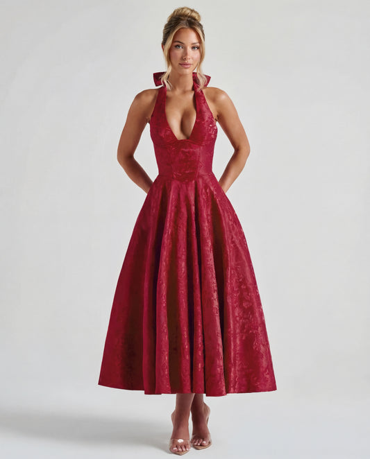 Evelyn | Women's Halterneck Jacquard Midi Dress