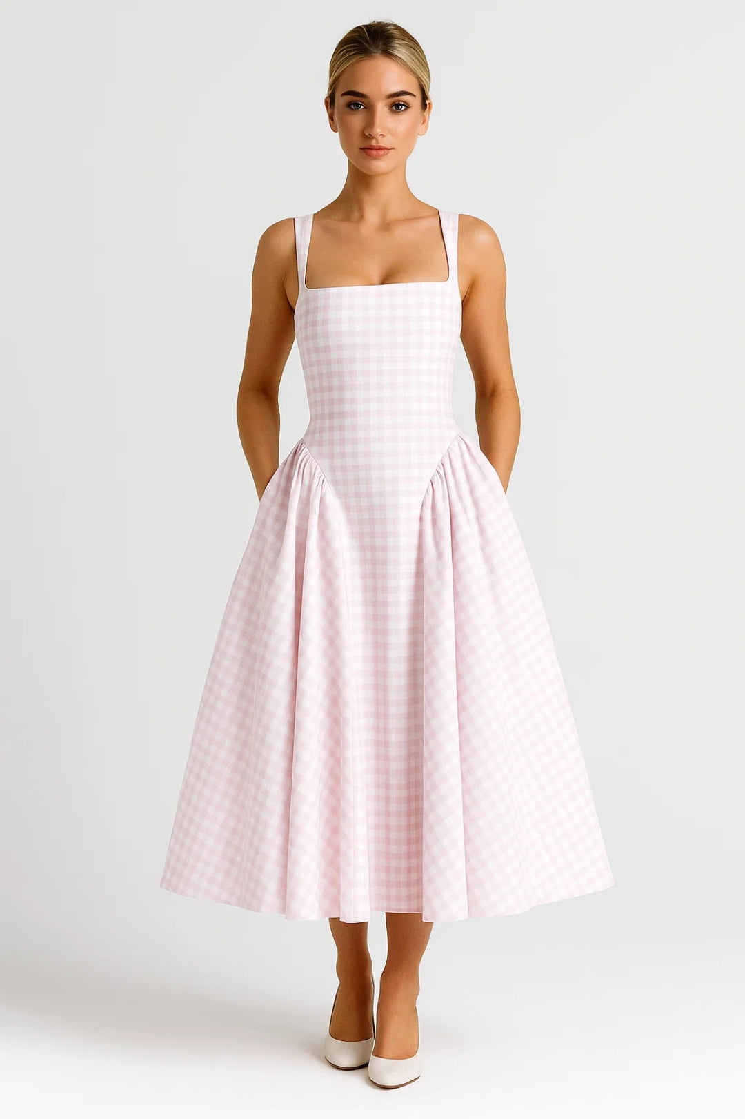 Nicolle | Women's Square Neck Flared Sleeveless Retro Check Midi Dress