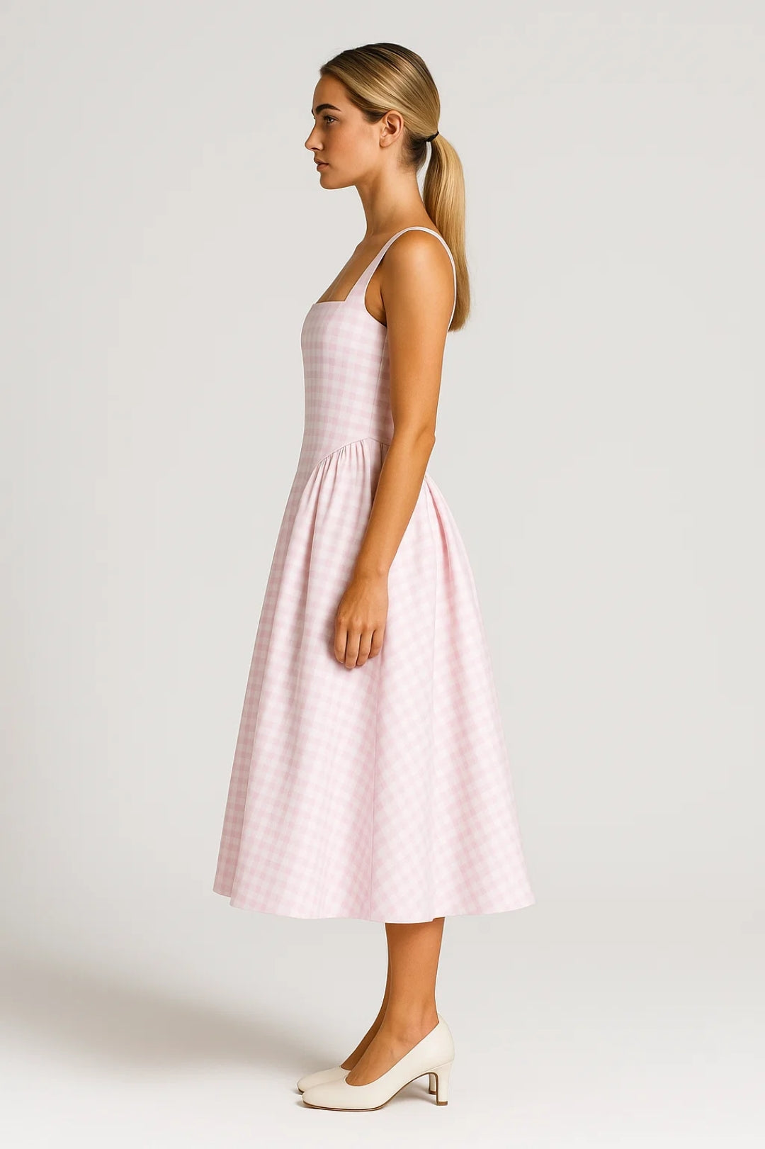 Nicolle | Women's Square Neck Flared Sleeveless Retro Check Midi Dress