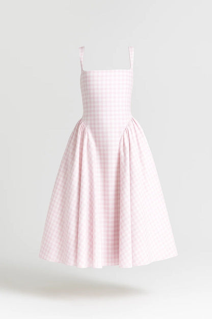 Nicolle | Women's Square Neck Flared Sleeveless Retro Check Midi Dress