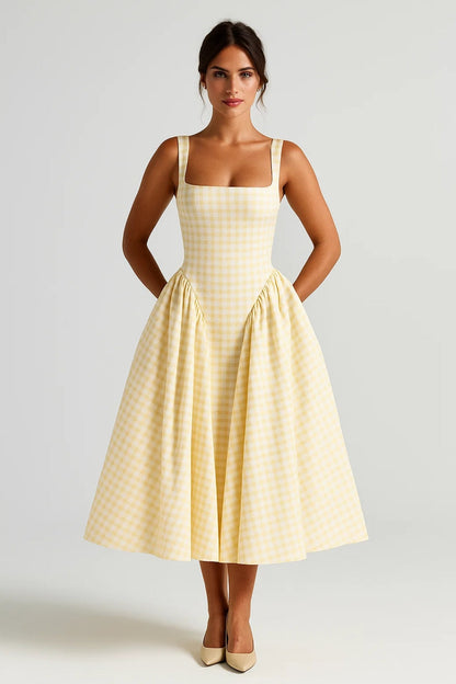 Nicolle | Women's Square Neck Flared Sleeveless Retro Check Midi Dress