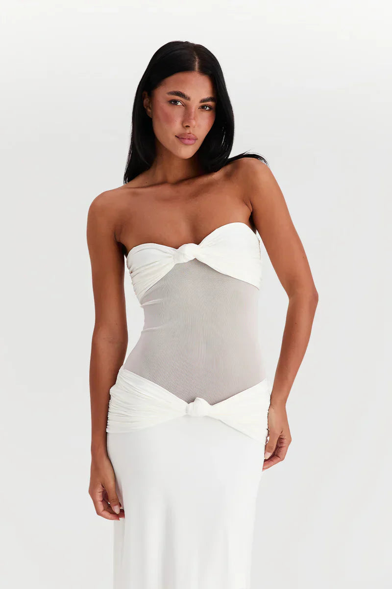 Eleina | Women's Strapless Sheer Mesh Cutout Maxi Dress