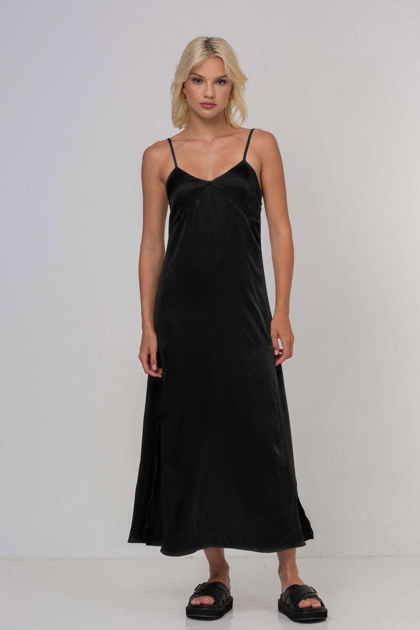 Camy | Luxurious Black Cami Satin Midi Dress Side Splits
