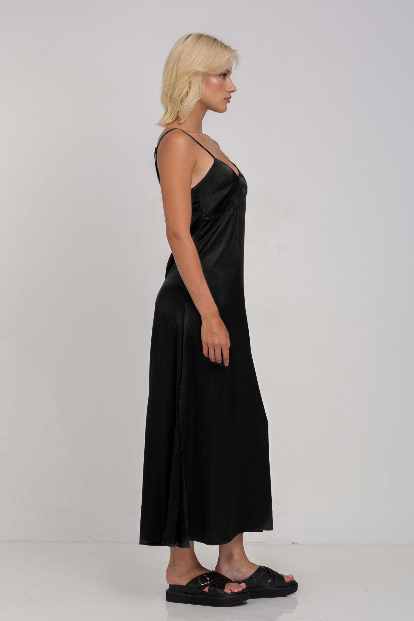 Camy | Luxurious Black Cami Satin Midi Dress Side Splits