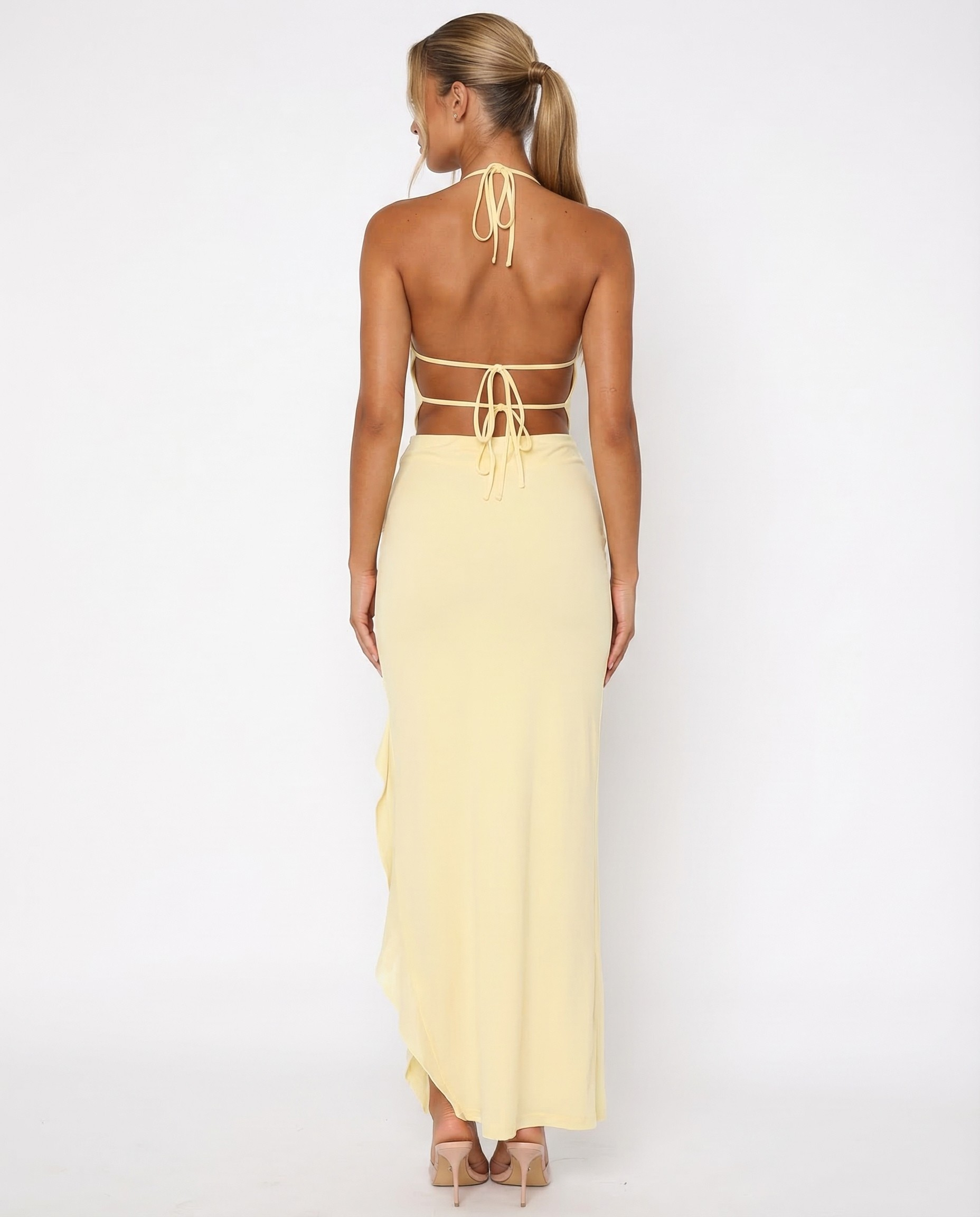 Shelly | Bold Plunging Backless Ruffle Maxi Dress