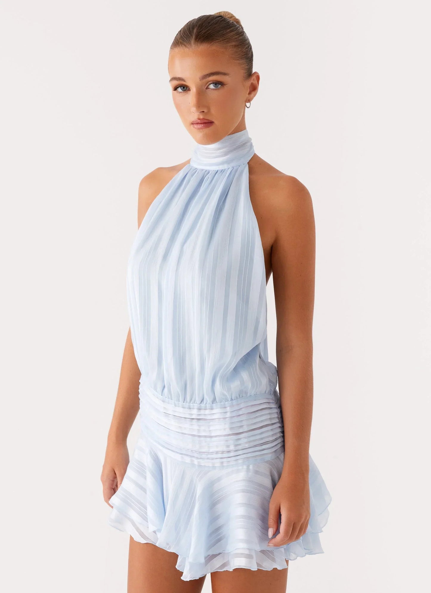 Willow | Women's Chiffon Stripe Ruffle-Hem Mini Dress