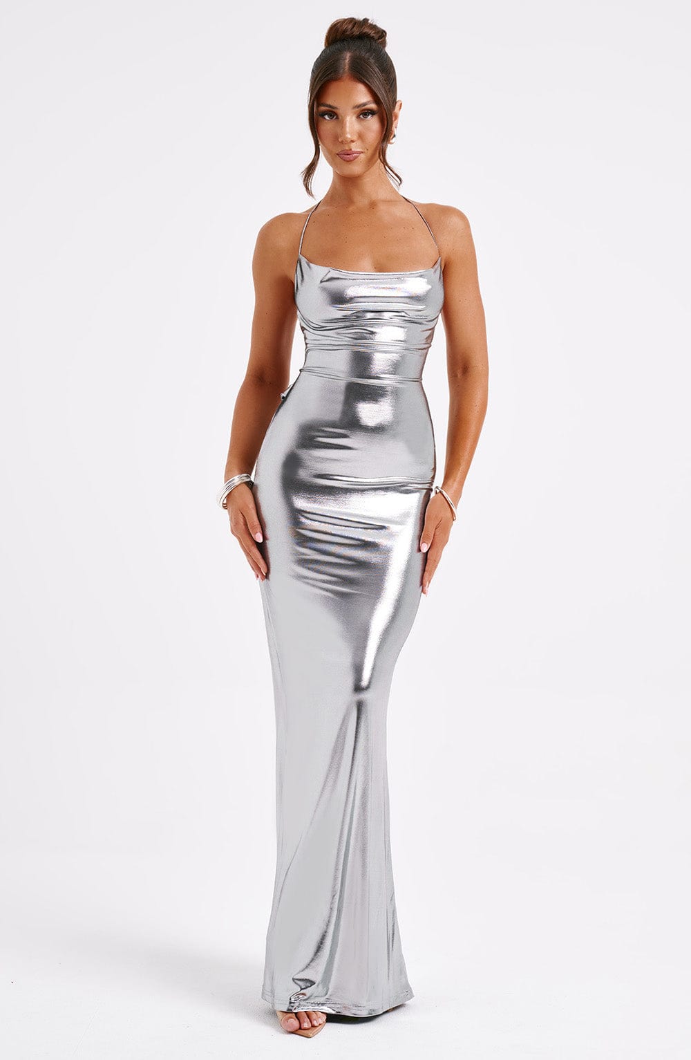 Zaria | Gunmetal Metallic Maxi Dress – Backless Evening Gown