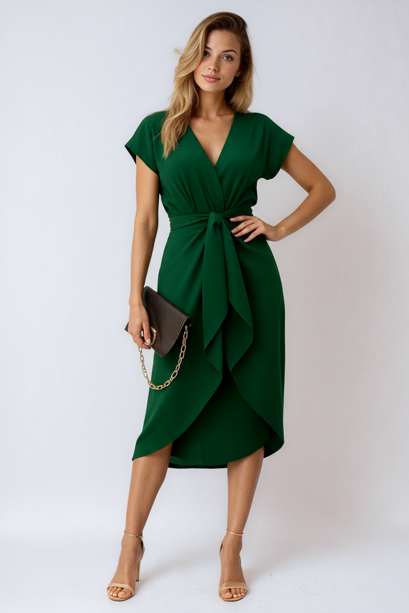 Dynasty | Women's Wrap-Around Satin Tie-Waist Midi Dress