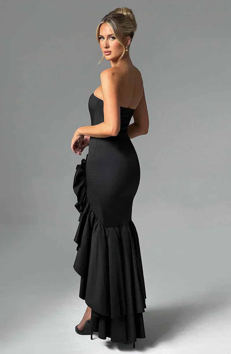 Martyna | Women's The definition of modern romance. This strapless cotton-blend maxi dress features a sculpted bodice, cascading ruffle details, and a voluminous high-low hem.