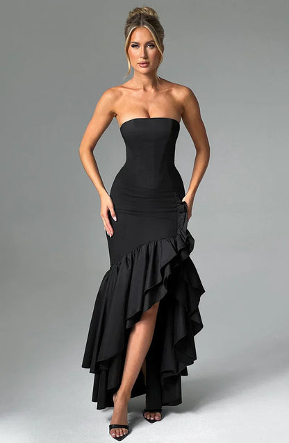 Martyna | Women's The definition of modern romance. This strapless cotton-blend maxi dress features a sculpted bodice, cascading ruffle details, and a voluminous high-low hem.